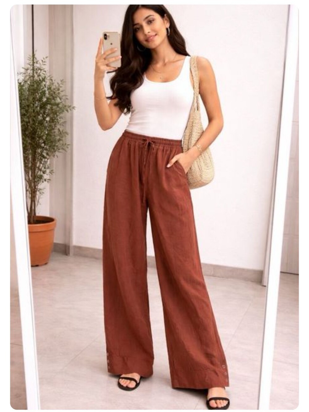 LINEN WIDE LEG PANTS W/pockets - Made In Turkey -  TERRACOTTA - Sz 4 /EUR 36